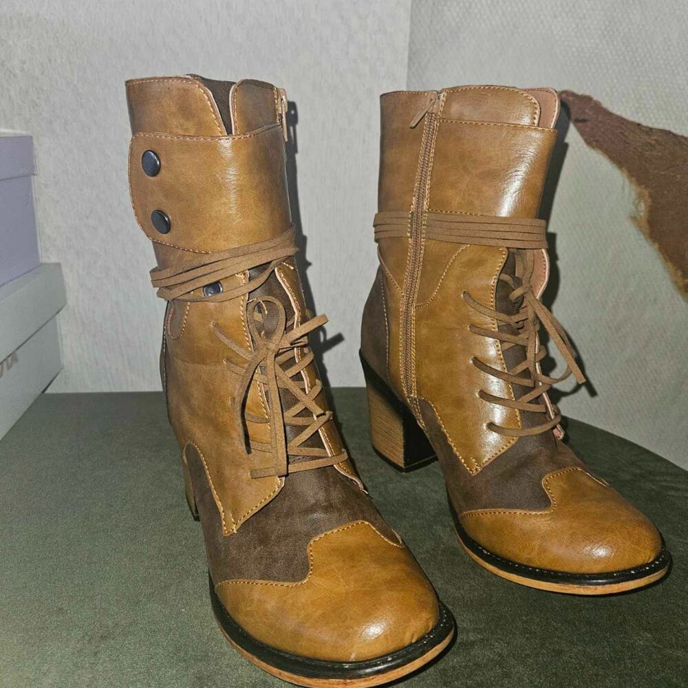 Pierre Dumas Lace-up /Zip Leather Block Heel Ankle Boots